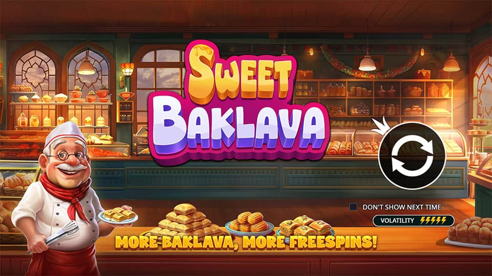 Homepage of Sweet Baklava slot introducing game features and bonus mechanics.