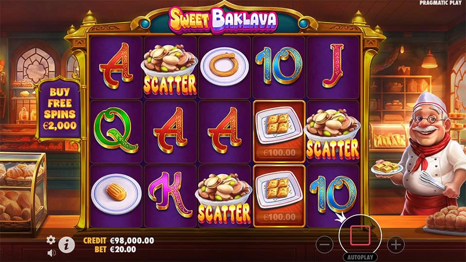 Three Scatter symbols appearing in Sweet Baklava slot, triggering the Free Spins bonus round.