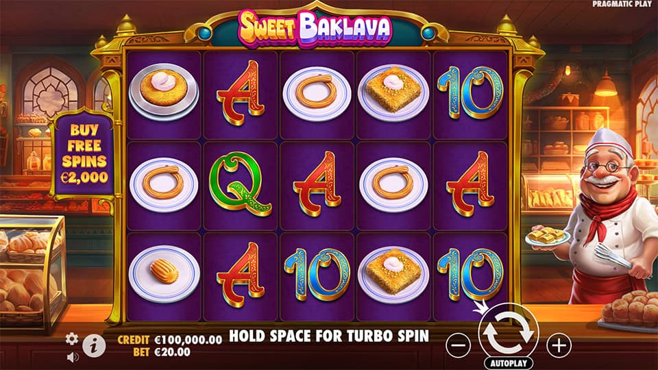 Preview of Sweet Baklava slot showing the reels and sweet-themed symbols in action.