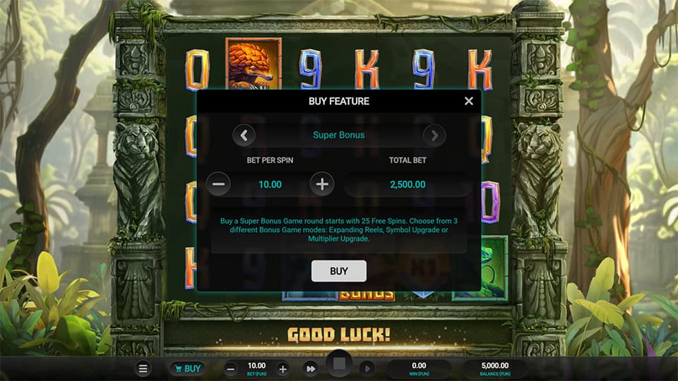 Bonus Buy feature in Tiger Shrine slot offering two options: Regular Bonus or Super Bonus.