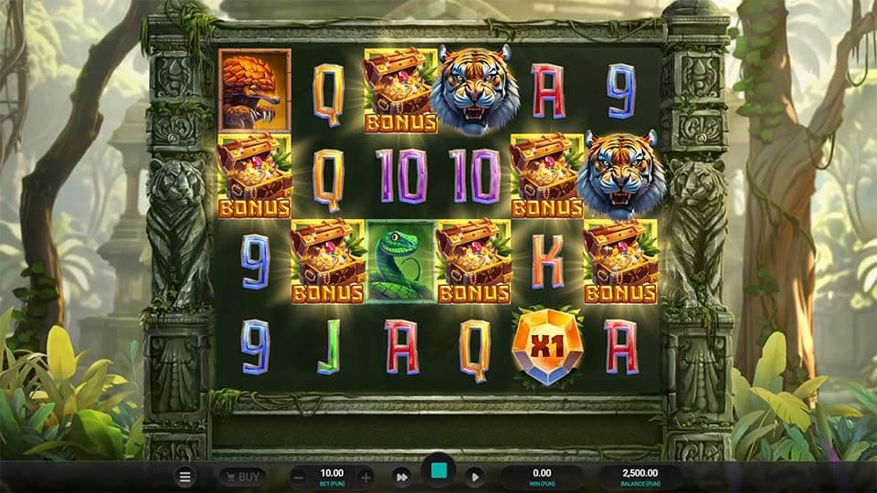 Five Bonus symbols appearing in Tiger Shrine slot, triggering the Super Bonus Game.