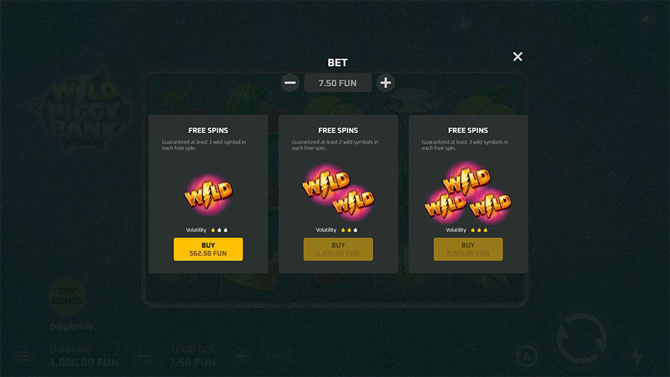 Bonus Buy feature in Wild Piggy Bank slot offering three options: 1, 2, or 3 Wilds guaranteed per spin.