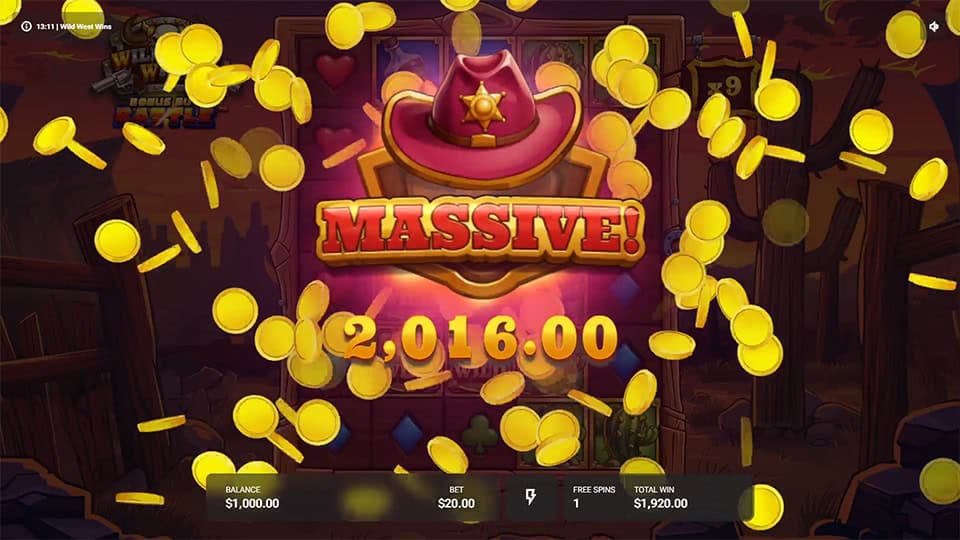 Massive Win screen in Wild West Wins slot displaying a €2,016 payout.