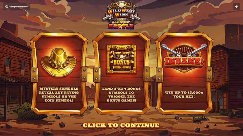 Homepage of Wild West Wins slot introducing game features and bonus mechanics.