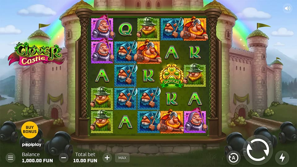 Clover Castle slot reels featuring colorful dwarf warriors, wilds, and bonus symbols inside a fortress.