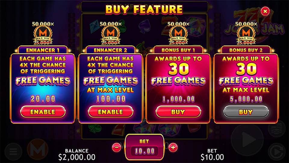 Bonus Buy feature in Joker Jam slot offering four different purchase options for instant bonus access.