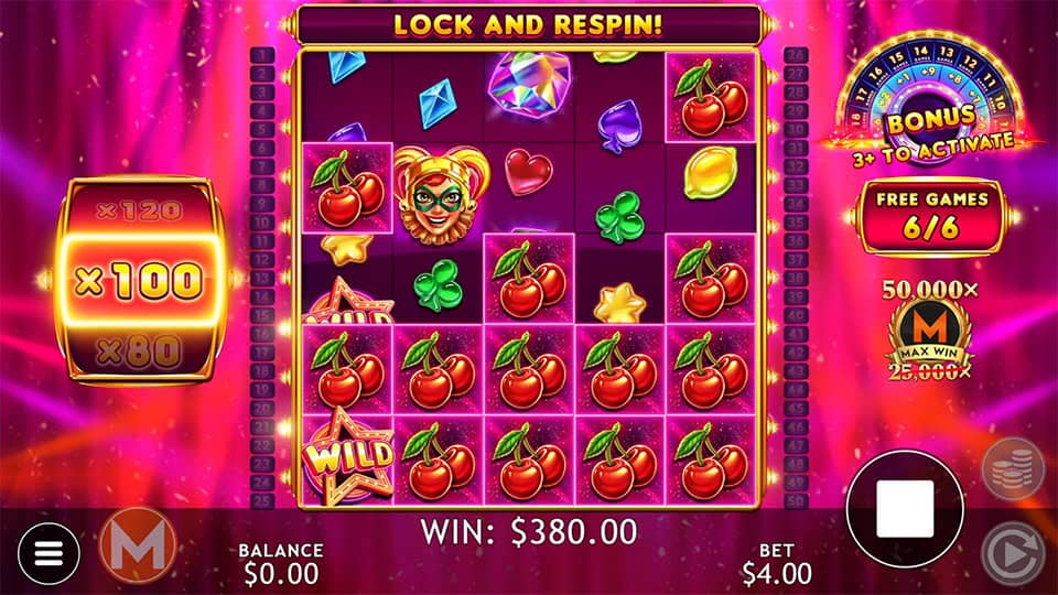 Lock and Respin feature in Joker Jam slot activating with a x100 multiplier.