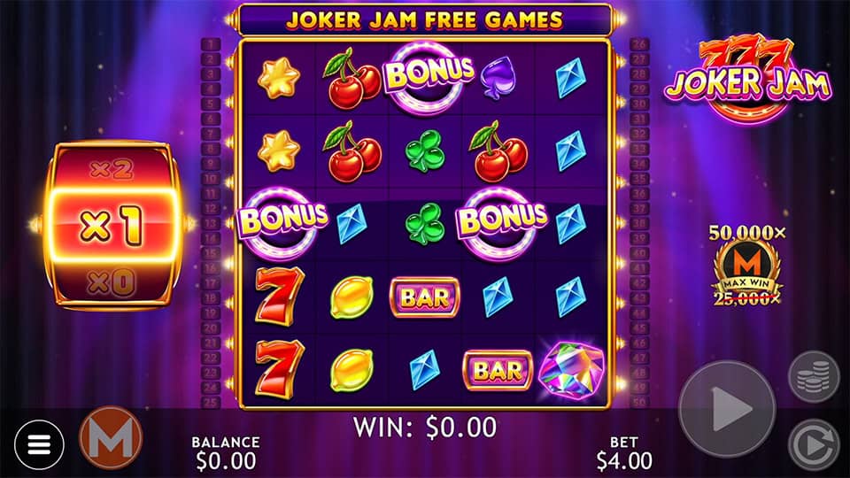 Three Scatter symbols appearing in Joker Jam slot, triggering the Free Spins Bonus round.