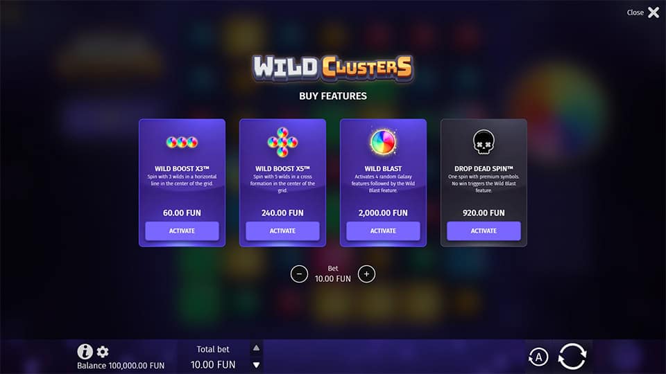 The feature buy menu in Wild Clusters, offering four options including Wild Boost, Wild Blast, and Drop Dead Spin.